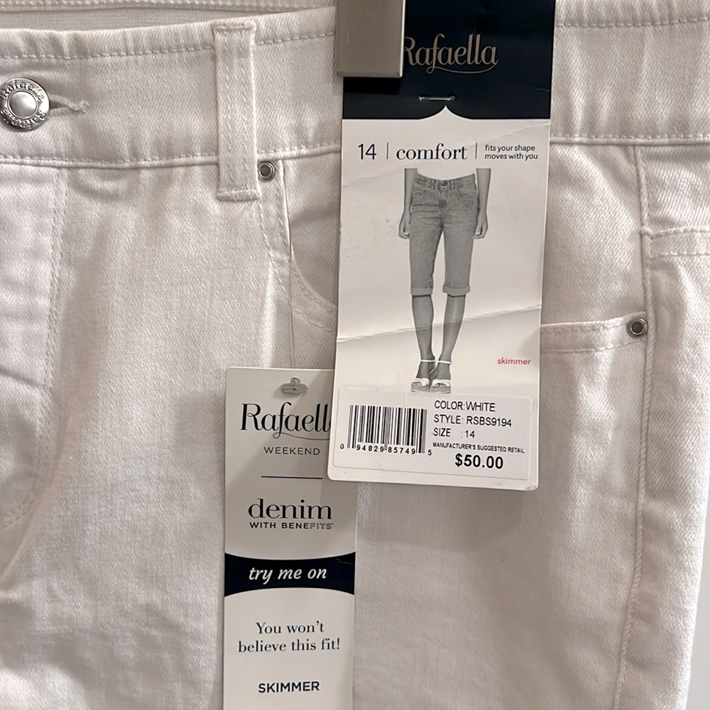 Rafaella Women’s Stretch Denim Cuffed White Jean Bermuda Shorts 14 New